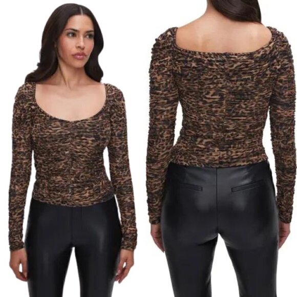 Good American Mesh Ruched Top Long Sleeve Leopard Print - Picture 1 of 5
